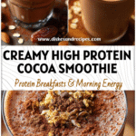 Glass of creamy Hot Cocoa Protein Smoothie topped with cocoa powder and oats, a High Protein Chocolate Smoothie for breakfast.